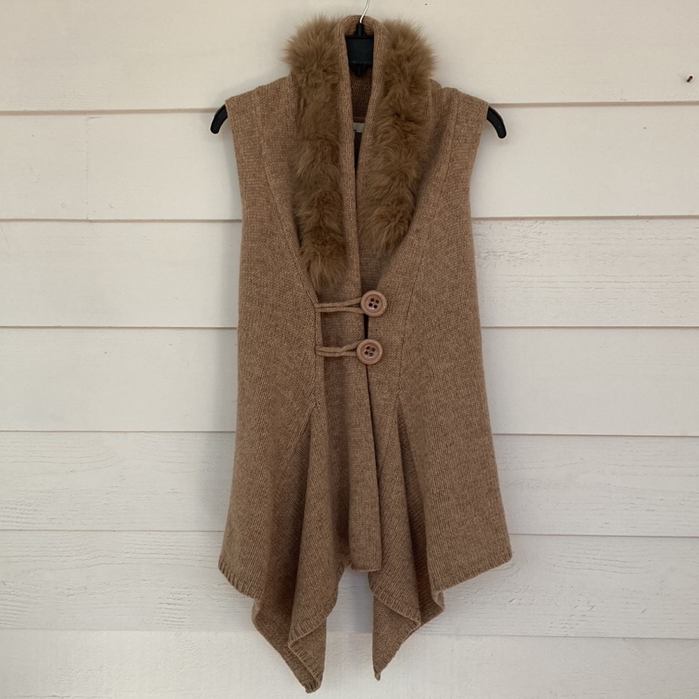 Ya Los Angeles Tan Knit Vest with Faux Fur Collar